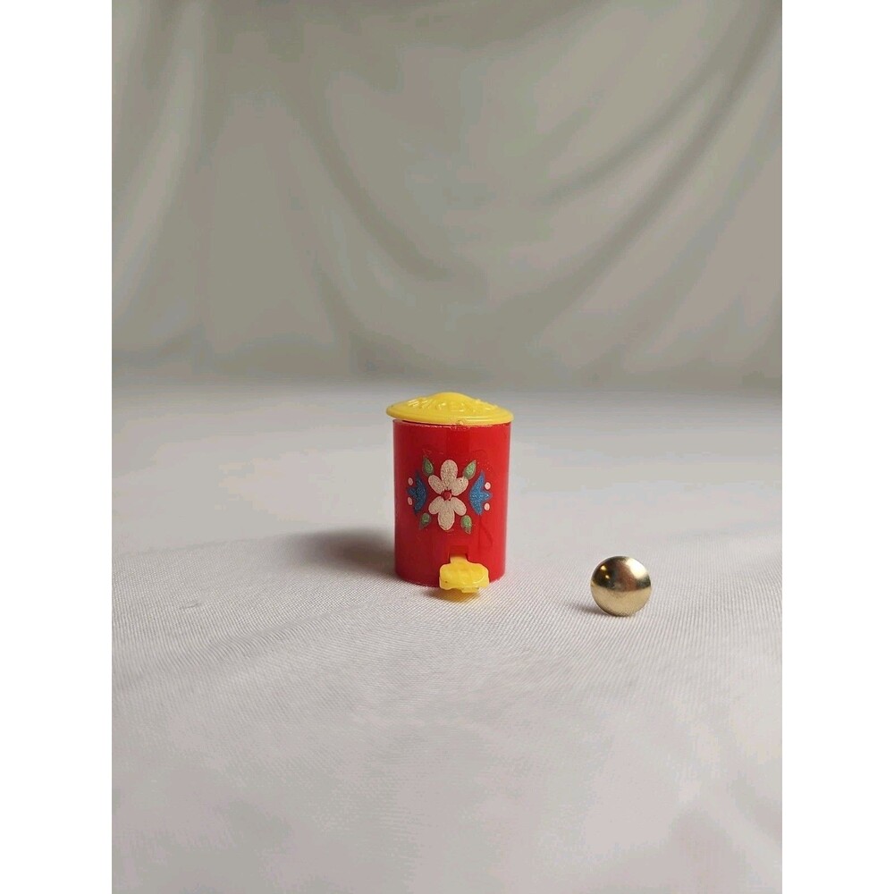 VTG  Dollhouse Trash Can Red & Yellow Renwal Miniature Wastebasket with Lid